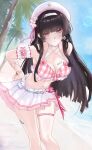  1girl antique_firearm arm_cuffs bandaid bandaid_on_breast bandaid_on_leg beach bikini bikini_skirt black_hair blue_sky blunderbuss blunt_bangs bow bow_bikini breasts chisa_(peach_parfait)_(wuthering_waves) chisa_(wuthering_waves) collarbone commentary day feet_out_of_frame gun hairband hand_on_own_hip hat highres hime_cut large_breasts leaning_forward long_hair looking_at_viewer navel official_alternate_costume outdoors palm_tree pink_eyes plaid_bikini plaid_clothes pleated_skirt skirt sky solo standing swimsuit takedraws tree weapon white_hairband white_hat white_skirt wuthering_waves 