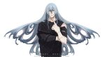  1boy absurdres blue_eyes closed_mouth commentary cursed_spirit_(jujutsu_kaisen) english_commentary grey_eyes heterochromia highres jujutsu_kaisen long_hair mahii_mahii mahito_(jujutsu_kaisen) simple_background solo stitched_arm stitched_face stitched_neck stitches very_long_hair white_background 
