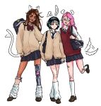  3girls alien_stage amputee animal_ears bag black_bag black_necktie black_skirt bow bowtie brown_cardigan brown_hair cardigan cat_ears cat_tail collared_shirt commentary dark-skinned_female dark_skin dog_ears dog_tail drawn_ears drawn_tail earrings english_commentary glasses hair_ornament hairclip highres hyuna_(alien_stage) jewelry leg_warmers lesbian_flag_pin long_hair mizi_(alien_stage) multiple_girls necktie pink_hair prosthesis prosthetic_leg rabbit_ears red_bow red_bowtie red_sweater_vest school_bag school_uniform shirt short_hair shoulder_bag skirt star_(symbol) star_earrings sua_(alien_stage) sweater_vest tail tail_wagging teary_blues white_leg_warmers white_shirt 