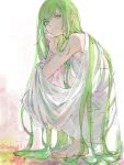  1other androgynous commentary_request enkidu_(fate) fate/grand_order fate_(series) full_body gabriel_ll_l green_eyes green_hair highres long_hair looking_at_viewer other_focus robe smile solo squatting white_background white_robe 