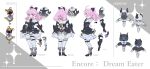  1girl absurdres ahoge alternate_costume alternate_hairstyle arrow_(symbol) ascot back_cutout back_tattoo baku_(creature) belt black_ascot black_bow black_gloves black_horns black_shoes blue_eyes bow bowtie bright_pupils brooch buckle character_name claws closed_mouth clothing_cutout cloudy_(wuthering_waves) colored_shoe_soles commentary_request cosmos_(wuthering_waves) creature cross-laced_clothes disembodied_arm disembodied_hand disembodied_leg disembodied_torso double-parted_bangs dress elbow_gloves encore_(wuthering_waves) english_text fake_wings familiar full_body fur_trim gloves gold_buckle grey_background grey_bow grey_bowtie grey_socks hair_bow hair_flaps high_collar high_heels highres horns hourglass jewelry layered_legwear low_wings medium_hair mini_wings multicolored_gloves multiple_thigh_straps multiple_views off_shoulder pants partial_commentary pink_hair pink_pupils ponytail profile purple_gloves quilted_clothes reference_sheet sheep sheep_horns shima_(happyhokemiday) shoes short_dress smile socks sparkle split_ponytail standing tacet_mark_(wuthering_waves) tattoo thick_eyebrows thigh_belt thigh_strap tight_clothes tight_pants turnaround two-tone_background two-tone_gloves white_background white_bow white_bowtie white_dress white_pants white_wings wide_ponytail winged_shoes wings wuthering_waves 