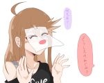  1girl ^_^ ahoge akisan_(prsk_ak1) black_shirt blue_eyes brown_hair closed_eyes closed_mouth commentary_request covered_face depressed drawing_(object) false_smile hands_up idolmaster idolmaster_million_live! long_hair shirt simple_background smile solo speech_bubble taped_note tokoro_megumi translation_request variant_set white_background 