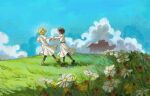  2girls agott_arklaum_(tongari_boushi_no_atelier) blue_sky blush cloud coco_(tongari_boushi_no_atelier) commentary_request curly_hair day dragging dress eva_nusferaa facing_another flower full_body grass green_hair highres hill holding_another's_arm house leggings long_sleeves multiple_girls outdoors plant purple_hair shoes short_hair sky smile tagalog_commentary tongari_boushi_no_atelier tunic white_dress yuri 