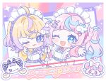 2girls :3 :d ;3 ;d ahoge apron arm_up belt belt_buckle blonde_hair blue_belt blue_eyes blue_hair blunt_bangs blush border braid buckle chibi chibi_only colorful_background commentary_request crossed_bangs ear_piercing earrings english_text eyelashes frilled_apron frills gradient_hair group_name hair_between_eyes hair_intakes hair_ornament hairband hairclip hand_up hands_up heart highres jacket jersey_maid jewelry long_hair long_sleeves looking_at_viewer maid maid_apron maid_headdress medium_hair mimirun multicolored_hair multiple_girls nijisanji o-ring o-ring_belt one_eye_closed open_mouth outline outside_border outstretched_arm piercing pink_hair pink_hairband pink_jacket pomelo_punch purin_lala_mode purple_belt purple_eyes purple_hair purple_hairband shiputan short_eyebrows sidelocks smile sparkle track_jacket twintails unconventional_maid virtual_youtuber white_apron white_border white_outline window_(computing) wing_hair_ornament wolf_cut x_hair_ornament yanagi_(sham0o081) yellow_jacket zipper_pull_tab 