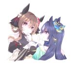  ... 2girls animal_ears asymmetrical_jacket bare_shoulders blue_eyes blue_hair braid braided_hair_rings breasts brown_hair closed_mouth commentary_request detached_sleeves dress ear_covers ear_ornament gentildonna_(regina_dei_fiori)_(umamusume) gentildonna_(umamusume) gloves hair_between_eyes hair_ornament hair_rings heart_ear_ornament highres horse_ears horse_girl large_breasts long_hair looking_at_another mole mole_under_eye multiple_girls red_eyes reya_p_d3 single_bare_shoulder single_ear_cover spoken_ellipsis umamusume verxina_(le_beau_sommet)_(umamusume) verxina_(umamusume) white_gloves 