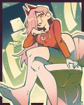  1girl absurdres akaiguarts bare_legs barefoot bathroom chainsaw_man cross-shaped_pupils demon_girl demon_horns foot_out_of_frame grin highres horns long_hair on_toilet power_(chainsaw_man) red_horns ringed_eyes sharp_teeth shirt smile soles symbol-shaped_pupils teeth toes toilet toilet_seat yellow_eyes 