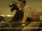  1boy 1girl black_bodysuit black_hair black_helmet bodysuit breasts character_request copyright_request cowboy_shot dated dong_er_felt from_side glasses gloved_sleeves grey-framed_eyewear grey_eyes grey_pants helmet highres hug hug_from_behind kawasaki_(company) latex latex_bodysuit lips long_sleeves medium_breasts mole mole_under_eye motor_vehicle motorcycle motorcycle_helmet nose on_motorcycle outdoors pants parted_lips profile riding riding_motorcycle round_eyewear shirt short_hair sitting t-shirt turtleneck turtleneck_bodysuit white_hair white_shirt 
