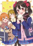  >_< 3girls arm_up bag bag_charm black_hair black_scarf blazer blue_bag blue_bow blue_bowtie blue_jacket blue_skirt blush bow bowtie brown_hair brown_scarf cardigan cardigan_under_jacket charm_(object) closed_eyes coat commentary_request diagonal-striped_bow diagonal-striped_bowtie diagonal-striped_clothes dress_shirt eating feet_out_of_frame food gloves green_bow green_bowtie hair_bow hand_up hands_up highres holding holding_bag holding_food hoshizora_rin jacket koizumi_hanayo long_hair long_sleeves looking_at_viewer love_live! love_live!_school_idol_project miniskirt multiple_girls open_mouth orange_hair orange_scarf otonokizaka_school_uniform pink_cardigan plaid_clothes plaid_scarf plaid_skirt pleated_skirt red_bow red_eyes scarf school_bag school_uniform shirt short_hair shoulder_bag skirt smile standing steamed_bun striped_bow striped_bowtie striped_clothes tukiwa_poyo twintails white_shirt winter_uniform yazawa_nico 