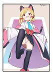  1girl :d absurdres animal_ear_headphones animal_ears black_skirt black_thighhighs blonde_hair blue_archive blue_necktie blush boots border bow brown_background cat_ear_headphones cat_ears chinese_commentary commentary fake_animal_ears fake_tail feet_out_of_frame feet_up fisro from_below full_body halo headphones highres holding holding_unworn_boot jacket long_sleeves looking_at_viewer low-tied_sidelocks momoi_(blue_archive) necktie open_mouth panties pink_boots pink_halo pleated_skirt polka_dot polka_dot_panties red_bow red_eyes shirt short_hair sidelocks skirt sleeves_past_wrists smile soles solo standing tail teeth thighhighs twitter_username twitter_x_logo underwear upper_teeth_only white_border white_panties 