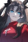  1girl black_hair blue_eyes commentary fate/stay_night fate_(series) hair_ribbon highres long_hair looking_at_viewer parted_lips ribbon roku_(ntbr_fate) shirt simple_background smile solo tohsaka_rin turtleneck two_side_up upper_body white_background 