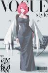  1girl absurdres barcode biguan_xiuxing_zhong breasts chinese_commentary cleavage commentary_request cover cover_page dongtan_dress dress fake_cover fake_magazine_cover grey_dress highres large_breasts looking_at_viewer magazine_cover medium_hair pink_hair purple_eyes remielle_dan solo vogue_(magazine) white_wings wings zenless_zone_zero 