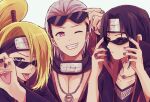  3boys akatsuki_uniform asymmetrical_bangs black_hair black_nails blue_eyes blush commentary_request deidara_(naruto) extra_mouth eyewear_on_head fishnet_top fishnets forehead_protector grey_hair grin hair_slicked_back hidan_(naruto) high_ponytail iwagakure_symbol jewelry konohagakure_symbol long_hair looking_at_viewer male_focus multiple_boys naruto_(series) naruto_shippuuden necklace one_eye_closed open_clothes open_robe ponytail red_eyes ring robe sharingan short_hair simple_background smile sou_(yesyesyeah) sunglasses uchiha_itachi white_background yugakure_symbol 