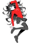  1girl black_hair black_thighhighs blue_eyes command_spell commentary fate/stay_night fate_(series) full_body hair_ribbon highres long_hair long_sleeves looking_at_viewer ribbon senmochi_02 shirt shoes simple_background skirt solo thighhighs tohsaka_rin turtleneck two_side_up white_background 