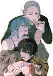  1girl 2boys akao_rion arm_tattoo black_camisole black_eyes black_hair black_shirt blue_hair box camisole cigarette commentary_request crossed_wrists food food_in_mouth grey_hair hair_pulled_back hand_tattoo highres holding holding_box holding_cigarette ikaooi1 jewelry lighting_cigarette looking_at_viewer mouth_hold multiple_boys multiple_rings nagumo_(sakamoto_days) pocky pocky_box pocky_in_mouth ring sakamoto_days sakamoto_taro sakamoto_taro_(skinny) shirt simple_background smoking tattoo twitter_username white_background yellow_eyes 