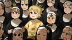  6+girls :< absurdres baby_animal bandaid bandaid_on_face bandaid_on_nose bird black_bow black_bowtie black_eyes blonde_hair blue_eyes bow bowtie brown_eyes brown_hair bunny_nun_(diva) chicken closed_eyes clumsy_nun_(diva) commentary diva_(hyxpk) duck duckling english_commentary eyelashes freckles froggy_nun_(diva) glasses_nun_(diva) grey_hair hair_ornament highres hungry_nun_(diva) leaf_nun_(diva) little_nuns_(diva) messy_hair mole mole_on_cheek multiple_girls no_eyewear nun pajamas rabbit_hair_ornament revealing_tanlines sheep_nun_(diva) short_hair smug_nun_(diva) spicy_nun_(diva) star_nun_(diva) star_ornament strict_nun_(diva) tanlines traditional_nun varied_reactions yellow_eyes yellow_pajamas 