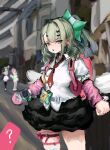  3girls ? absurdres aria_(human)_(zenless_zone_zero) aria_(zenless_zone_zero) arm_warmers asymmetrical_bangs backpack bag bdp_lee black_choker black_skirt blue_eyes bow bubble_skirt choker commentary dress_shirt garter_belt green_bow green_hair hair_bow high_ponytail highres loose_necktie medium_hair multicolored_eyes multiple_girls nangong_yu necktie no_nose outdoors parted_bangs pink_bag pink_eyes pink_garter_belt ponytail public_indecency public_vibrator puffy_short_sleeves puffy_sleeves red_necktie road sex_toy shirt short_sleeves skirt solo_focus street studded_choker studs sunna_(zenless_zone_zero) sweat tamagotchi_(virtual_pet) triangle_mouth two-tone_eyes vibrator vibrator_under_clothes virtual_pet_(toy) white_shirt white_wings wing_collar wings zenless_zone_zero 