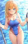  1girl bangs bare_arms bare_shoulders blue_eyes blush breasts cleavage closed_mouth collarbone competition_swimsuit cowboy_shot day groin large_breasts long_hair looking_at_viewer multicolored multicolored_clothes multicolored_swimsuit one-piece_swimsuit orange_hair outdoors pool pool_ladder ray_(pixiv9514208) rodney_(warship_girls_r) smile solo sunlight swimsuit thigh_gap thighs warship_girls_r water 