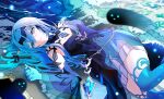  1girl blue_dress blue_eyes blue_gem blue_hair chest_jewel closed_mouth commentary detached_collar detached_sleeves dress epic_seven gem glowing hair_between_eyes headpiece highres jewelry long_sleeves looking_at_viewer lying ocean on_side outdoors pendant politis_(epic_seven) sakuma_kou shade solo spirits thighhighs upper_body water wide_sleeves 