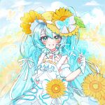  1girl aqua_eyes aqua_hair blush bow brown_hat commentary double-parted_bangs dress fingerless_gloves fingernails flower gloves hair_between_eyes hat hat_bow hat_flower hat_ornament hatsune_miku kaisin_ao leaf_hat_ornament long_hair looking_at_viewer magical_mirai_(vocaloid) magical_mirai_miku magical_mirai_miku_(2026) open_mouth shirt sleeveless sleeveless_dress solo sunflower twintails upper_body vocaloid white_bow white_dress white_gloves white_shirt yellow_eyes yellow_flower 