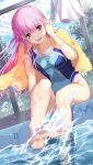  1girl :d bangs barefoot blue_swimsuit breasts collarbone competition_swimsuit covered_navel doukyuusei doukyuusei_another_world eyebrows_visible_through_hair floating_hair game_cg hair_between_eyes highleg highleg_swimsuit leaning_forward long_hair looking_at_viewer medium_breasts official_art one-piece_swimsuit open_mouth pink_hair poolside red_eyes sakuragi_mai shiny shiny_hair sitting smile soles solo splashing swimsuit towel towel_around_neck very_long_hair wet wet_hair yellow_towel 