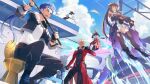  1girl 3boys archer_(fate) archer_(honkai:_star_rail)_(fate) bird black_boots black_hair black_jacket black_pants black_shirt black_shrug black_thighhighs blue_hair boat boots building coat commentary_request crossover cu_chulainn_(fate) cu_chulainn_(honkai:_star_rail)_(fate) cu_chulainn_(lancer)_(fate) dark-skinned_male dark_skin dress fate/stay_night fate_(series) fish fishing fishing_rod fur-trimmed_jacket fur_trim gilgamesh_(fate) gilgamesh_(honkai:_star_rail)_(fate) guest_art highres holding holding_fishing_rod honkai:_star_rail honkai_(series) hysilens_(honkai:_star_rail) jacket multiple_boys on_boat on_toilet owl owlbert_(honkai:_star_rail) pants red_coat red_eyes saipaco seagull shirt shrug_(clothing) sitting skyscraper thighhighs thighs water watercraft wet white_dress white_hair white_shirt 