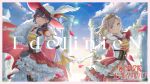  2girls arm_up black_corset black_hair black_thighhighs blue_eyes blue_sky blush braid braided_bun breasts ceras_yanagida_lilienfeld cleavage closed_mouth cloud commentary_request corset day detached_sleeves double_bun edel_note edelinien elbow_gloves falling_petals feathers feet_out_of_frame flower frilled_skirt frills garter_straps gloves gold_tiara gradient_feathers green_feathers grey_hair hair_bun hair_over_shoulder hat hat_feather highres interlocked_fingers katsuragi_izumi lace lace_thighhighs long_hair long_sleeves looking_at_viewer love_live! love_live!_hasu_no_sora_jogakuin_school_idol_club low_side_ponytail medium_breasts multiple_girls official_art orange_eyes outdoors outstretched_arm petals pillar pinstripe_thighhighs puffy_detached_sleeves puffy_short_sleeves puffy_sleeves red_feathers red_flower red_hat red_petals red_ribbon red_rose red_skirt ribbon rose shirt short_sleeves side_ponytail sideways skirt sky sleeveless sleeveless_shirt slit_pupils smile solo_focus song_name strapless strapless_shirt thighhighs two-sided_fabric two-sided_headwear two-tone_feathers video_thumbnail virtual_youtuber white_feathers white_gloves white_hat white_shirt white_sleeves white_thighhighs 