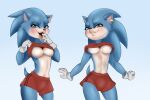 2019 anthro blue_body bottomwear breasts clothed clothing clothing_lift crossgender ear_piercing ear_ring eulipotyphlan featureless_breasts female flashing gloves handwear hedgehog looking_at_viewer mammal mtf_crossgender partially_clothed piercing raised_clothing raised_shirt raised_topwear rin_tyan shirt shirt_lift shorts solo sonic_the_hedgehog sonic_the_hedgehog_(film) sonic_the_hedgehog_(series) standing tongue tongue_out topwear under_boob 