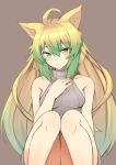  1girl ahoge animal_ears atalanta_(fate) bangs bare_arms bare_shoulders blonde_hair blush breasts brown_background cat_ears cat_girl collarbone eyebrows_visible_through_hair fate/apocrypha fate/grand_order fate_(series) green_eyes green_hair hand_on_own_chest knees_up long_hair looking_at_viewer multicolored_hair nahu parted_lips simple_background sitting small_breasts solo 