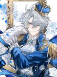  1boy 2357439177z absurdres alternate_costume antenna_hair arched_crown ascot belt blue_belt blue_cape blue_eyes blue_gem blue_jacket buttons cape closed_mouth collared_jacket commentary crossed_bangs crown epaulettes floating_cape floral_background flower frills fur-trimmed_cape fur_trim gem gloves gold_trim grey_hair hair_between_eyes hand_up highres honkai:_star_rail honkai_(series) jacket jewelry lapels long_sleeves looking_at_viewer male_focus military_jacket military_uniform one_eye_closed open_clothes open_jacket pendant petals phainon_(honkai:_star_rail) ring rose shirt short_hair smile solo sparkle white_ascot white_background white_flower white_gloves white_rose white_shirt yellow_pupils 