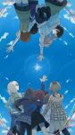  6+girls ahoge ai_(girls_band_cry) awa_subaru ayataka_syumimi black_choker black_hair black_overalls black_pantyhose black_shoes black_skirt blue_pants blue_sweater bracelet brown_hair brown_sweater_vest choker commentary_request copyright_name diamond_dust_(girls_band_cry) dress ebizuka_tomo girls_band_cry grey_hair grey_skirt hair_ribbon highres iseri_nina jacket jewelry jumping kawaragi_momoka long_hair low_twintails multicolored_hair multiple_girls nana_(girls_band_cry) overalls pants pantyhose plaid_clothes plaid_skirt pleated_skirt purple_jacket ribbon rin_(girls_band_cry) roots_(hair) rupa_(girls_band_cry) school_uniform shirt shoes short_hair short_twintails skirt sky star_(sky) sweater sweater_vest three-quarter_sleeves twintails upskirt white_ribbon white_shirt yellow_eyes 