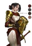  1girl absurdres armor black_eyes black_gloves black_hair breasts chinese_commentary color_guide commentary_request cowboy_shot dated dress gloves gold_armor hair_bun highres holding_armor large_breasts original parted_lips red_dress sang_delan scabbard sheath sheathed shiny_clothes short_hair shoulder_armor sideboob sideless_dress simple_background solo sword unworn_armor watermark weapon weibo_username weibo_watermark white_background white_dress 