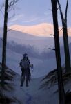 1boy bare_tree black_coat black_pants blue_hair blue_sky coat flins_(genshin_impact) footprints from_behind genshin_impact highres holding holding_lantern lantern long_hair long_sleeves male_focus mountain outdoors pants rxkwv123 sky snow solo tree winter 