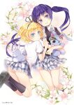  2girls :o artist_name ass_peek back black_ribbon black_shoes black_socks black_vest blonde_hair blue_eyes blunt_bangs blush bright_pupils feet_up floating_hair flower gochuumon_wa_usagi_desu_ka? grey_necktie grey_skirt hair_ornament hair_ribbon hairclip head_tilt highres hugging_object kimitoshiin kirima_syaro kneehighs knees leaf long_hair looking_at_viewer multiple_girls necktie non-web_source plaid_clothes plaid_necktie plaid_skirt plant puffy_short_sleeves puffy_sleeves purple_eyes purple_hair rabbit ribbon school_uniform shirt shoes short_hair short_sleeves sitting_on_ass skirt smile socks stuffed_animal stuffed_rabbit stuffed_toy summer_uniform tedeza_rize tedeza_rize's_school_uniform thighs turning_head twintails vest wavy_hair white_flower white_pupils white_shirt wild_geese wing_collar 