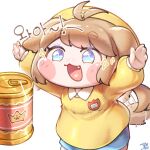  1girl :3 :d ahoge ahoge_wag animal_ears arms_up blue_eyes blue_shorts blush_stickers brown_hair butter_(trickcal) can chibi chibi_only commentary_request cowboy_shot dog_ears dog_girl dog_tail expressive_hair fang highres jedo_1126 kindergarten_uniform korean_commentary long_hair long_sleeves open_mouth shirt shorts simple_background smile solo sparkle tail tail_wagging thick_eyebrows trickcal white_background yellow_shirt 