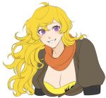  1girl ahoge bandana bandana_around_neck blonde_hair breasts cleavage commentary cropped_arms cropped_torso damu_jd english_commentary eyelashes grin hair_between_eyes long_hair looking_at_viewer orange_bandana rwby simple_background smile solo teeth white_background yang_xiao_long 