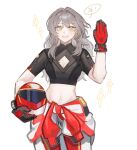  1girl blush breasts cleavage cleavage_cutout clothes_around_waist clothing_cutout commentary cropped_shirt english_commentary english_text gloves grey_hair hair_between_eyes hand_up helmet highres holding holding_unworn_helmet honkai:_star_rail honkai_(series) jacket jacket_around_waist lizyue66 long_hair medium_breasts midriff motorcycle_helmet parted_lips short_sleeves simple_background smile solo sparkle speech_bubble stelle_(galactic_grand_prix)_(honkai:_star_rail) stelle_(honkai:_star_rail) talking tied_jacket trailblazer_(honkai:_star_rail) unworn_headwear unworn_helmet waving white_background yellow_eyes 