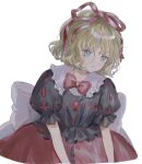  1girl back_bow black_shirt blonde_hair blue_eyes bow bowtie commentary hair_ribbon highres medicine_melancholy puffy_short_sleeves puffy_sleeves red_bow red_bowtie red_ribbon red_skirt ribbon ribbon-trimmed_shirt ribbon-trimmed_skirt ribbon_trim sasami_(shiroi_fuwafuwa) shirt short_hair short_sleeves simple_background skirt solo touhou white_background white_bow 