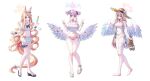  3girls absurdres alternate_costume animal_ear_fluff animal_ears barefoot bird blonde_hair blue-tinted_eyewear blue_archive blush bow bow_panties bra bracelet breasts brown_eyes brown_hair cleavage closed_mouth commentary_request crop_top cropped_shirt cross_halo double_bun double_v flip-flops food fox_ears fox_girl frilled_thigh_strap full_body hair_between_eyes hair_bun halo hand_up hands_up hat heart heart-shaped_eyewear highres holding holding_food holding_popsicle holding_unworn_sandals jewelry large_breasts long_hair looking_at_viewer low_wings medium_breasts mika_(blue_archive) multiple_girls nagisa_(blue_archive) natie navel open_mouth panties pink_bra pink_hair pink_halo pink_panties popsicle red_halo sandals scrunchie see-through_clothes see-through_shirt seia_(blue_archive) shirt simple_background skirt standing standing_on_one_leg stomach straw_hat tail tea_party_(blue_archive) thigh_strap tinted_eyewear underwear unworn_eyewear v very_long_hair white_background white_bird white_bow white_bra white_brim white_panties white_scrunchie white_skirt white_wings wings yellow-framed_eyewear yellow_bow yellow_eyes 
