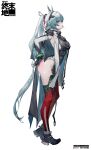  1girl absurdres animal_ears arcane_(arknights) arknights arknights:_endfield bird_ears bird_girl black_cape black_gloves blue_cape blue_eyes blush breasts cape closed_mouth commentary_request copyright_logo elbow_gloves facial_mark female_pubic_hair from_side full_body gloves gn_tuituji grey_hair head_wings highres large_breasts logo long_hair multicolored_gloves ponytail profile pubic_hair pubic_hair_peek red_thighhighs revision simple_background solo thighhighs two-sided_cape two-sided_fabric two-tone_cape very_long_hair white_background white_gloves wings 
