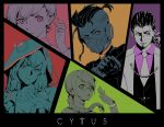  2boys 3girls absurdres badge black_vest braid button_badge cherry_(cytus) ching_yeh choker collage cytus cytus_ii glasses green_background green_eyes hair_slicked_back hair_tattoo highres hood hooded_jacket horned_hood horns ivy_(cytus) jacket joe_(cytus) long_hair low-tied_sidelocks mask medium_hair monochrome mouth_mask multiple_boys multiple_girls necktie official_art orange_background orange_eyes pink_background pink_choker pink_eyes ponytail purple_background purple_eyes purple_shirt red_background red_eyes red_horns rin_(cytus) sagar_(cytus) shirt short_hair sidelocks single_sidelock spot_color suit undercut vest white_jacket white_necktie 