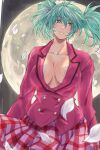  1girl absurdres antenna_hair aqua_hair blurry blurry_foreground breasts breasts_apart buttons closed_mouth collarbone commentary_request dark-skinned_female dark_skin double-breasted double-parted_bangs earrings falling_petals full_moon green_eyes hair_between_eyes highres ikkitousen jacket jewelry long_sleeves looking_at_viewer magatama magatama_earrings medium_breasts moon night partially_unbuttoned petals pink_jacket plaid_clothes plaid_skirt rakuyo_high_school_uniform red_skirt ryofu_housen_(ikkitousen) school_uniform short_hair short_twintails sidelocks single_earring skirt solo twintails upper_body white_petals wochi 