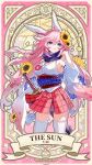  1girl absurdres animal_ears breasts chinese_commentary commentary_request detached_sleeves floating_hair flower fox_ears fox_girl hair_between_eyes hair_flower hair_ornament hand_up highres honkai_(series) honkai_gakuen long_hair long_sleeves nontraditional_miko official_art pink_hair purple_eyes skirt solo standing sunflower sunflower_hair_ornament sword thighhighs very_long_hair weapon white_thighhighs wide_sleeves yae_sakura zettai_ryouiki 