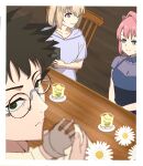  1boy 2girls bar_(place) black_hair blue_dress chair closed_mouth commentary corrupted_twitter_file cup dress flower glasses green_eyes grey_hair grin hair_intakes hood hoodie kamiina_botan kamiina_botan_yoeru_sugata_wa_yuri_no_hana long_hair looking_at_another looking_at_viewer multiple_girls pink_hair purple_eyes purple_hoodie smile sweatdrop tonami_ibuki watasisan3 white_flower 