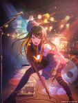  1girl absurdres artist_request asymmetrical_legwear bang_dream! bang_dream!_our_notes black_hair black_nails blonde_hair blue_jacket blurry blurry_background blush brown_shoes colored_inner_hair commentary_request copyright_notice cymbals drum drum_set earrings fang hair_ornament heart highres holding holding_plectrum instrument jacket jewelry looking_at_viewer medium_hair microphone microphone_stand multicolored_hair official_art open_mouth plectrum revision second-party_source shirt shoes solo stage stage_lights standing striped_clothes striped_thighhighs suga_raika sweat thighhighs torn_clothes torn_thighhighs white_shirt x_hair_ornament 