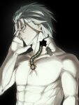  1boy abs aotsuki_eito black_background blue_eyes body_horror bug centipede cockroach commentary_request covering_own_face cracked_skin eyelashes eyeshadow glasses grey_hair highres looking_ahead makeup male_focus muscular muscular_male no_shirt o3xcmpeio772833 official_alternate_hairstyle red_eyeshadow short_hair solo the_hundred_line_-last_defense_academy- upper_body upturned_eyes 