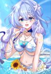  1girl artist_name b21938gang beach bikini blue_hair breasts cleavage commentary_request flower hair_ornament head_wings highres honkai:_star_rail honkai_(series) jewel_under_eye jewelry large_breasts long_hair looking_at_viewer navel necklace official_alternate_costume outdoors robin_(honkai:_star_rail) robin_(summeretto)_(honkai:_star_rail) sarong smile solo starfish_hair_ornament sunflower swimsuit very_long_hair white_bikini white_sarong white_wings wings 
