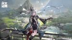  1girl animal_ears arcane_(arknights) arknights arknights:_endfield asymmetrical_gloves bird bird_ears bird_girl bird_on_hand black_cape black_gloves blue_cape blue_eyes cape chinese_commentary commentary_request copyright_logo copyright_notice elbow_gloves eteru facial_mark forehead_mark gloves grey_hair head_wings highres logo long_hair mismatched_gloves mountain multicolored_gloves multicolored_hair official_art on_railing outdoors railing red_gloves red_thighhighs sitting smile solo thighhighs two-sided_cape two-sided_fabric two-sided_gloves two-tone_cape two-tone_gloves two-tone_hair watermark weibo_username weibo_watermark white_gloves wings 