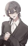  1boy agamemega androgynous black_nails blunt_bangs commentary_request english_commentary eyelashes grey_eyes grey_hair hair_between_eyes hair_ornament hairclip heart highres jellyfish_cut male_focus open_mouth original simple_background solo upper_body 