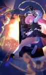  1girl absurdres ahoge ass beretta_92 black_gloves black_shoes black_skirt blue_archive blue_eyes blue_panties brown_eyes commentary explosion full_body gloves gun halo hand_to_weapon handgun heterochromia highres holding holding_gun holding_shield holding_weapon hoshino_(blue_archive) legs long_hair long_sleeves looking_at_viewer looking_back panties parted_lips pink_hair shield shirt shoes skirt socks solo striped_clothes striped_panties underwear weapon white_halo white_shirt white_socks zhileng_zhil 