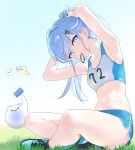 1girl aqua_shoes armpits bare_arms bare_legs black_shoes blue_eyes blue_hair blue_shorts breasts can closed_mouth commentary commission creature day drink_can drinking earrings from_side full_body grass hair_ornament hair_tie hair_tie_in_mouth hairclip hands_up highres holding holding_can indian_style jewelry long_hair looking_at_viewer looking_to_the_side more_mui_movies mouth_hold multicolored_hair multicolored_shoes navel outdoors parallel_hairclips ponytail runoa_hirune shoes short_shorts shorts sitting skeb_commission small_breasts sneakers solo sports_bra stomach streaked_hair thighs two-tone_shoes two-tone_sports_bra tying_hair veil_project virtual_youtuber white_streaks 